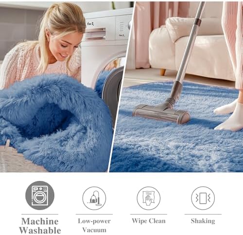 OLANLY Blue Round Rugs for Bedroom - Machine Washable, 2 ft Circle Area Rugs for Living Room, Soft and Fluffy Shaggy