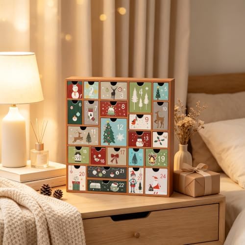 SAND MINE Wooden Christmas Advent Calendar with 24 Drawers, Countdown to Christmas Refillable Wooden Advent, Terracotta