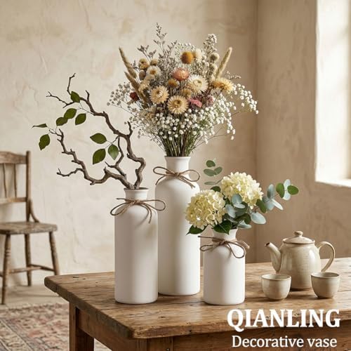 White Ceramic Vase Set - 3 Small Vases, Minimalist Decor Boho Vases, Modern Farmhouse Home Décor Accents, Living Room