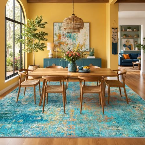 RELEANY Washable 10'x14' Abstract Area Rug for Living Room Teal Multi