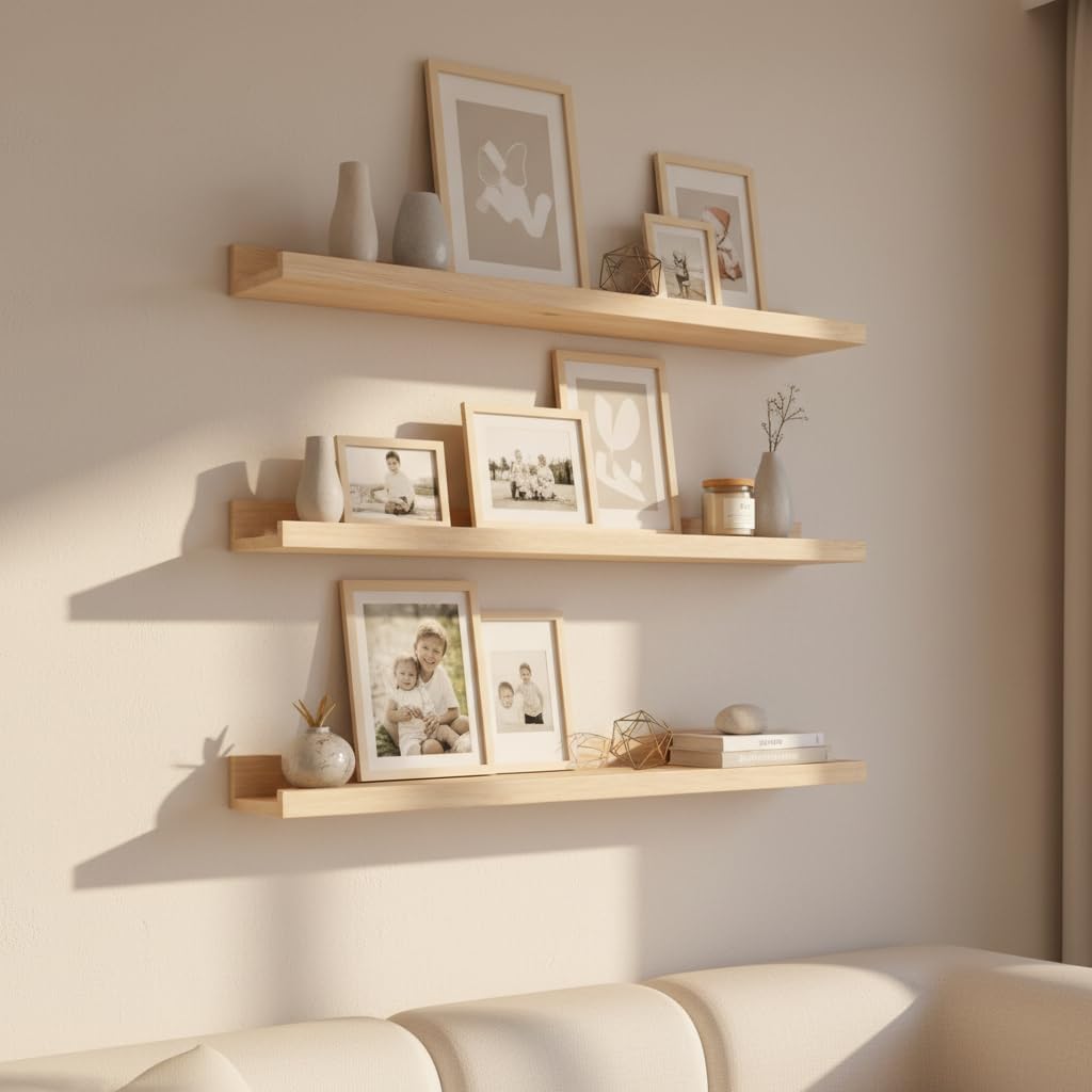 MBYD 36 Inch Natural Wood Floating Picture Ledge Shelf, Wall Mounted Nursery Bookshelf for Kids Books, Vinyl Records &