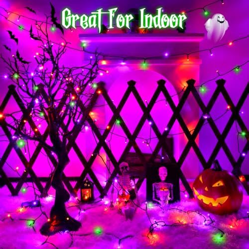 Halloween Lights String Total 100LED Battery Operated Outdoor 8 Modes with Timer 16.4Ft*2, 50LED*2 Waterproof Fairy Lights Indoor for Halloween Decor, Orange&Purple&Green, 2-Pack