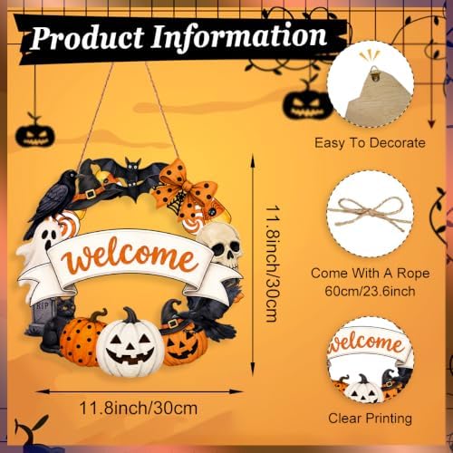 Halloween Welcome Wreath for Front Door Wooden Pumpkin Ghost Door Decor