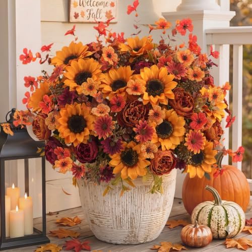 Mixed 5 Pcs Fall Artificial Sunflower Peony Bouquet, Yellow Burgundy Silk Faux Flower, Autumn Faux Floral Arrangements for Wedding Table Centerpiece DIY Thanksgiving Farmhouse Indoor Outdoor Decor