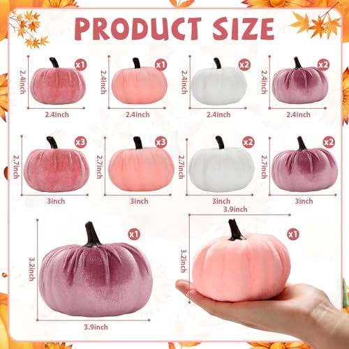 Lonfliness 18Pcs Fall Velvet Pumpkin Harvest Decoration Assorted Faux Pink Small Fabric Foam Pumpkin for Autumn Thanksgiving Farmhouse Table Centerpiece Halloween Mantel Party Favor