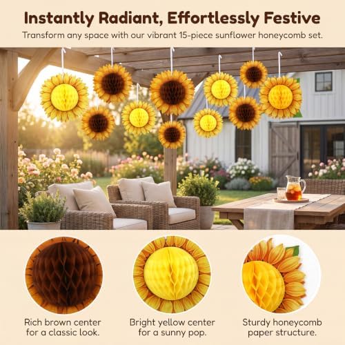 BOARDFEB 15Pcs 3D Paper Sunflower Honeycomb Hanging Decorations