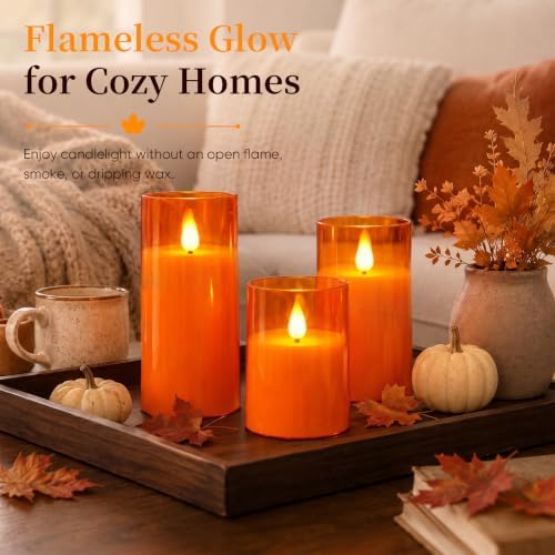 Homemory Halloween Orange Flameless Candles, Acrylic, Remote Timer, 3 Pack