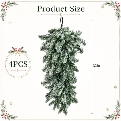 4 Pcs Extra-Long Snow Christmas Teardrop Swag, Artificial Frosted Door Swag