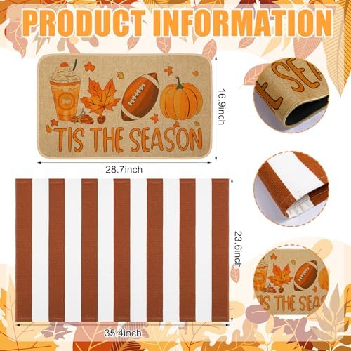 Tinideya 2 Pcs Fall Football Door Mat Outdoor Autumn Pumpkin Welcome Mat