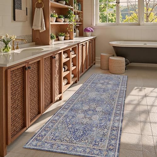 Washable Area Rug 2'6'' x 8' Vintage Traditional Persian Mat - Foldable Distressed Non-Slip Machine Washable Carpet for