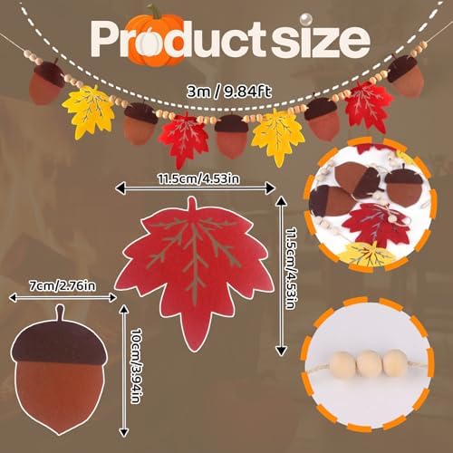 Thanksgiving Decorations Indoor, Fall Party Hanging Decor, Felt Pumpkins Leaves Garland and Wood Bead Banner for Home Mantel Fireplace Wall(Acorn+Maple Leaf)