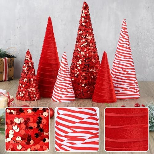 6 Pcs 12" 10" 6" Christmas Red White Velet Cone Tree Decoration Christmas Glitter Table Tree Farmhouse Tree Tiered Tray Ornament Xmas Tree for Home Holiday Entryway Tabletop Tree Centerpiece Decor