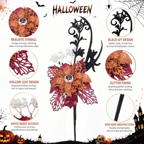 5PCS Halloween Artificial Flower Picks with Creepy Eyeballs for Home Decor