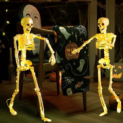 2 Pack 24 Inches Halloween Skeleton, LED Light Up Pose-N-Stay Halloween Skeleton Full Body Posable Movable Jonints for Halloween Decoration