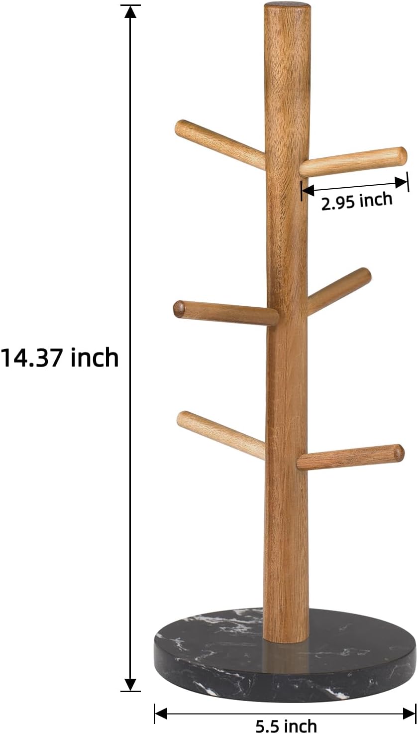 Buruis Mug Holder, Acacia Wood & Marble Base, 6 Hooks Kitchen Countertop Coffee Tea Cups Organizer | Coffee Mug Rack