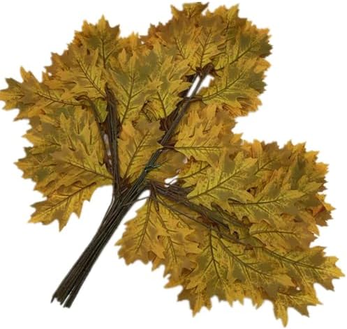 12pcs Artificial Oak Tree Branch Faux Eiche Leaf Stem Three Forks per piece for Greenery Wall Floral Decoration (Orange)