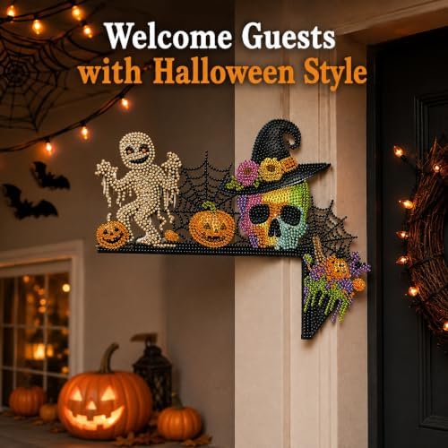 DIY Halloween Witch Pumpkin Diamond Art Wooden Door Corner Decoration, Halloween Frame Sign Kit, Creative Wall Art Mosaic Frame Sign for Home Decor & Gifts