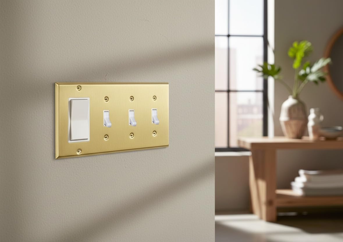 Rio Salto BRASS Metal 4-Gang Gold Outlet Cover or Light Switch Cover Wall Plate, Quad Toggle Rocker Combination