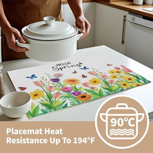 Spring Placemats Set of 4 18x12 Inch Floral and Butterfly Linen Place Mats Heat-Resistant Washable Wipeable Sunflower and Tulip Flowers Table Mat for Party Kitchen Dining Room Dinner Table Decor