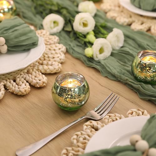 Volens 24PCS Green Votive Candle Holder Bulk, Round Mercury Glass Votives