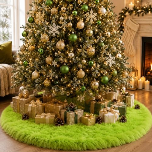 AOGU 48 Inch Faux Fur Christmas Tree Skirt Green Plush Skirt for Merry Christmas Party Christmas Tree Decoration