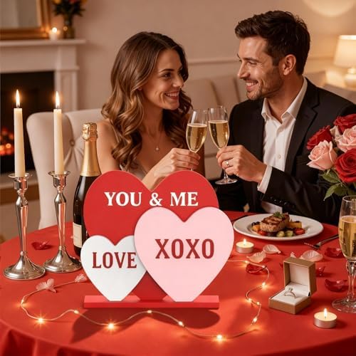 OLANRUN Valentines Day Decorations, 8.7 Inch Valentine Table Decorations Wooden Heart Sign with Letter LOVE XOXO, Valentines Day Decor Indoor for Home Office Kitchen Tiered Tray Table Fireplace Mantel