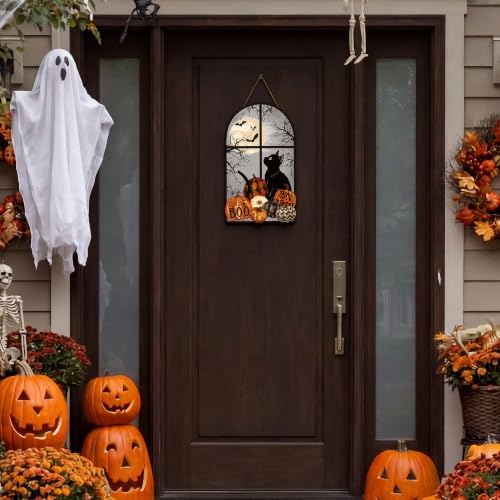 Smile Halloween Wooden Door Hanger with Black Cat