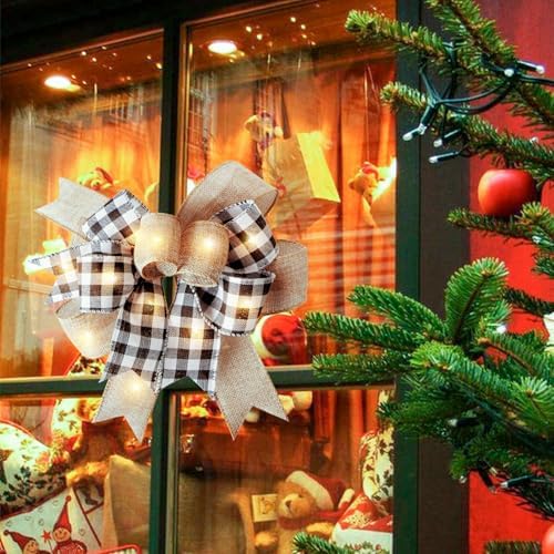 LED Christmas Buffalo Plaid Bow Rustic Burlap Black White Wreath Bow with LED Lights for Holiday Decorations (9.5 x 13 inch)