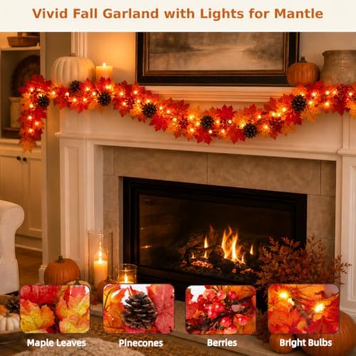 Fall Decorations for Home 9FT Lush Fall Garland with Lights Plug in, 50 Orange Bulbs Fuller and Thicker Fall Leaves