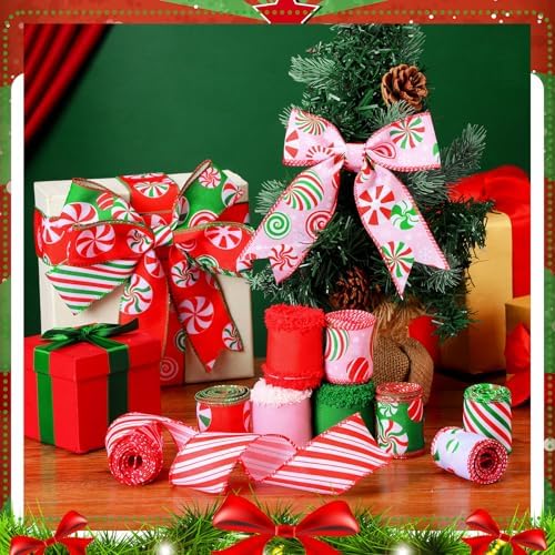 9 Rolls Christmas Wired Ribbon Candy Peppermint Wreaths