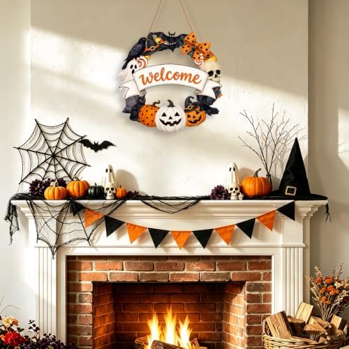 Halloween Welcome Wreath for Front Door Wooden Pumpkin Ghost Door Decor