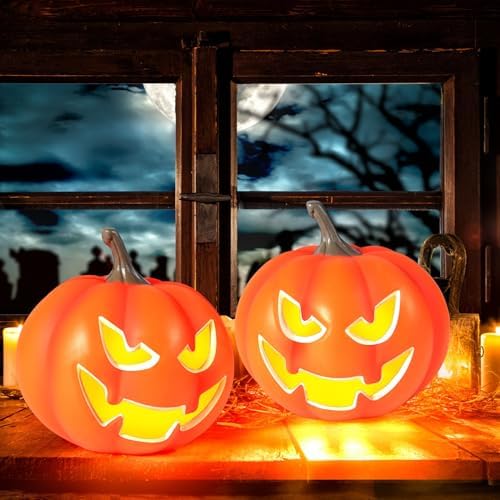Rocinha 2 Pack Plastic Jack O Lantern Pumpkins Halloween Light up Pumpkin Outdoor Indoor Battery Operated Lighted Pumpkin with Spooky Face Halloween Pumpkins Decorations Party Favor Gifts