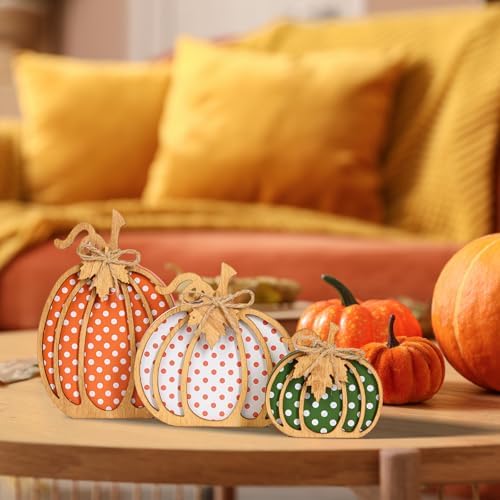 OLANRUN Fall Decorations for Home, 3-Piece Wooden Pumpkin Fall Decor, Rustic Farmhouse Indoor Autumn Thanksgiving Decorations for Table Centerpiece, Tiered Tray, Mantel, Shelf, Office (4-8 Inch)