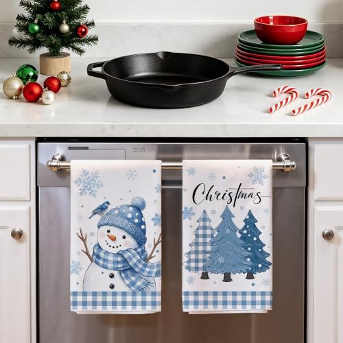 Hexagram Christmas Kitchen Towels, Blue Plaid Snowman Christmas Hand Towels