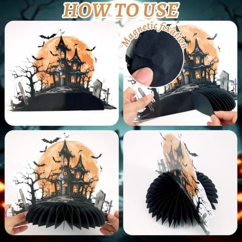 PAPER JAZZ Halloween Honeycomb Table Centerpieces, 9 Pcs Spooky Witch Halloween Decor with Haunted House Tombstone Skeleton Decorations, Halloween Party Desktop Ornaments for Indoor Home Dinner Table