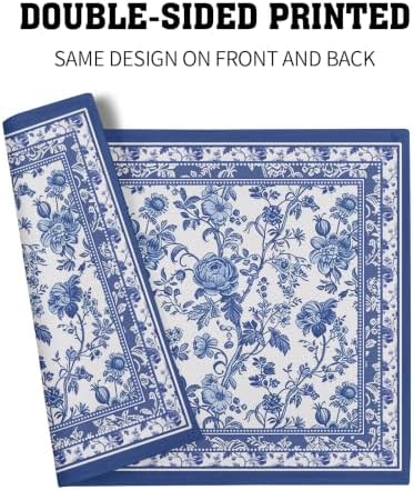 Blue Floral Placemats Set of 4 18x12 Inch Chinoiserie Blue and White Linen Place Mats Heat-Resistant Washable Wipeable French Toile Table Mat for Party Kitchen Dining Room Dinner Table Decor