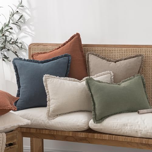 MIULEE Boho Linen Fringe Decorative Fall Throw Pillow Covers Dune 18x18