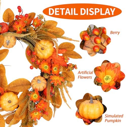 19inch Fall Wreaths Front Door Decor for Thanksgiving Autumn Home Outdoor