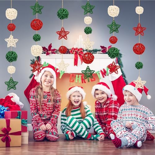 Lucleag 36Pcs Christmas Rattan Balls Star Decorations, Red White Green Natural Wicker Balls Star Ornament Vase Filler DIY Craft with Hemp Rope for Xmas Tree Home Table Decorations Party Supplies