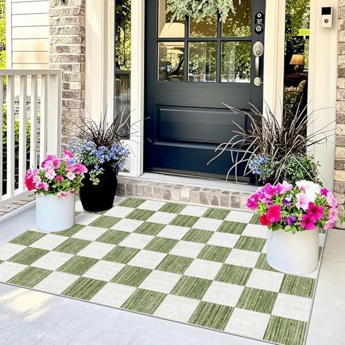Green White Checkered Entry Rug - 3x5 Non-Slip Indoor Outdoor Rugs