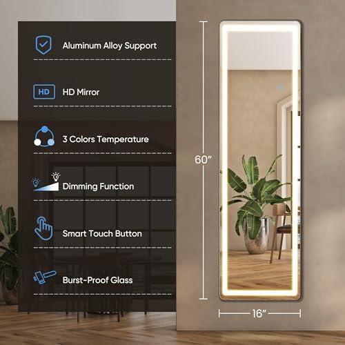 DUMOS LED Mirror Full Length with Stand, 16"x60" Full Body Wall Mirror