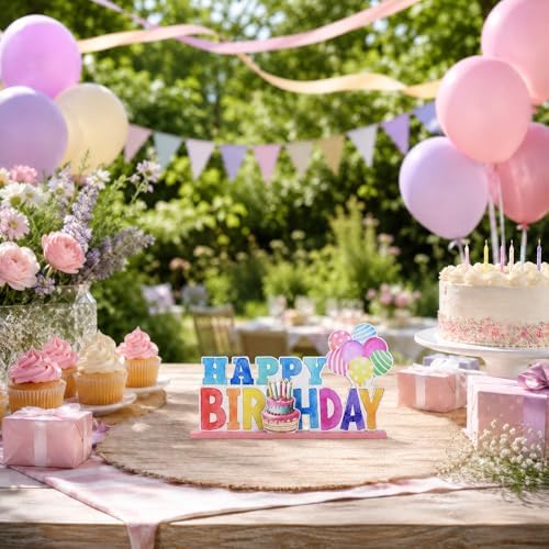 Smile Birthday Wooden Standing Decor Set, Happy Birthday Balloon Cake Tiered Tray Tabletop Signs with Stands for Birthday Party Home Kitchen Shelf Decorations