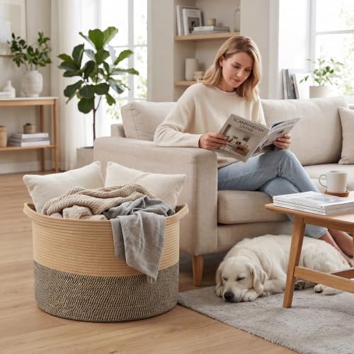 65L Large Blanket Basket,Rope Woven Laundry Baskets-Jute&Black