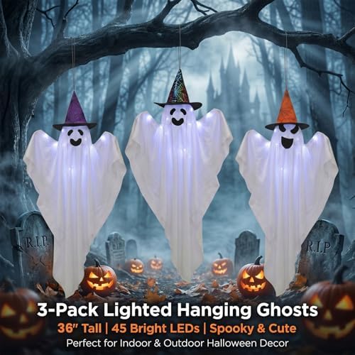 3 Packs Halloween Decorations Outdoor - BCLGSHINE Lighted Hanging Ghost Decorations with Hats & 45 LEDs, 36 Inch Halloween-Ghost Lights for Porches, Party, Yards, Gardens, Lawn