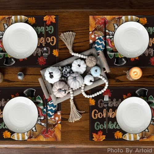 Artoid Mode Black Gobble Turkey Maple Leaves Thanksgiving Placemats Set of 4, 12x18 Inch Fall Harvest Table Mats for Party Kitchen Dining Decoration