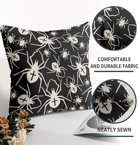 Robvobe Black Halloween Pillow Covers 20x20 Set of 2 Cream Spider Print Outdoor Decorative Throw Pillows Holiday Scary Themed Farmhouse Pillowcases Linen Cushion Case Decor for Home Sofa Couch Bed