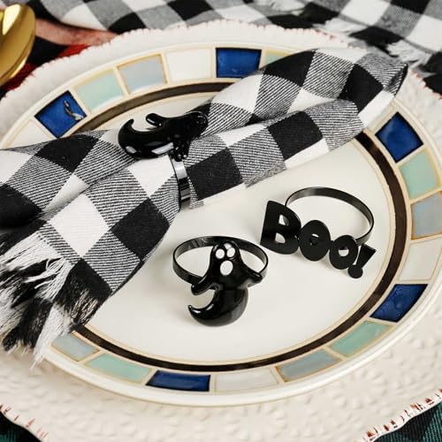 Halloween Napkin Rings Set of 12, Ghost Boo Halloween Black Napkin Holders Metal Buckles for Halloween Party Decorations Home Kitchen Dinner Table Setting