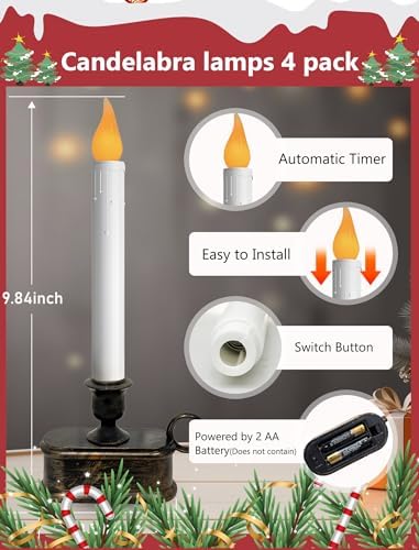 4 Pack Christmas Window Candle Lamps, Flameless Flicker LED Lights and Bronze Base, Dusk to Dawn Light Sensor, 10 Inch Battery Powered Window Candle for Dinners, Table, Party, Valentines Decorations