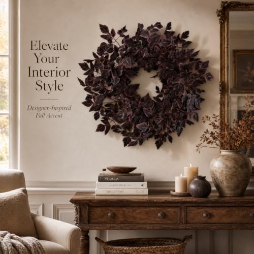 Fall Decor for Front Door-Plum Leaves Wreath, Both Halloween and Fall
