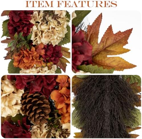 23" Fall Teardrop Swag Small Fall Hydrangea Wreath for Front Door Outside